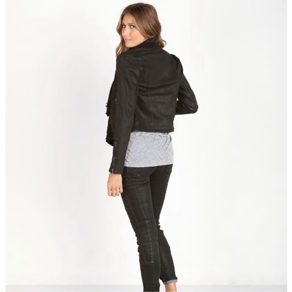 Free People Coated Denim Drape Front Moto Jacket Black Waterfall Collar XS 0 - Picture 8 of 14